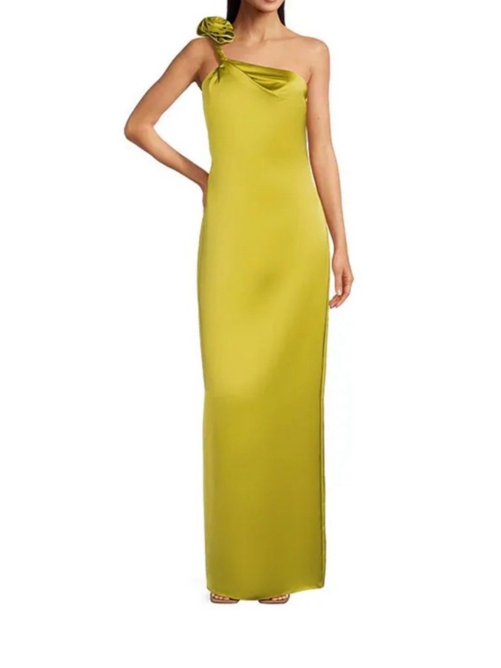 Marchesa gown One Shoulder 3d Flower Rose Midi Wedding Formal Party gold green 4